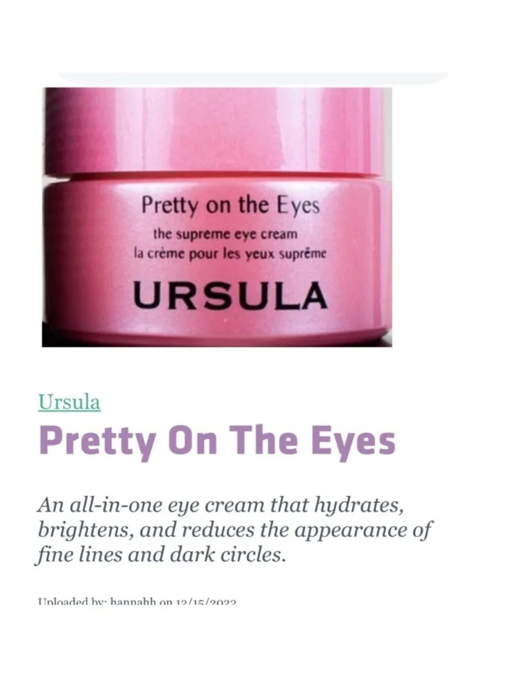 Ursula Pretty On The Eyes Cream  NWB.5 fl oz